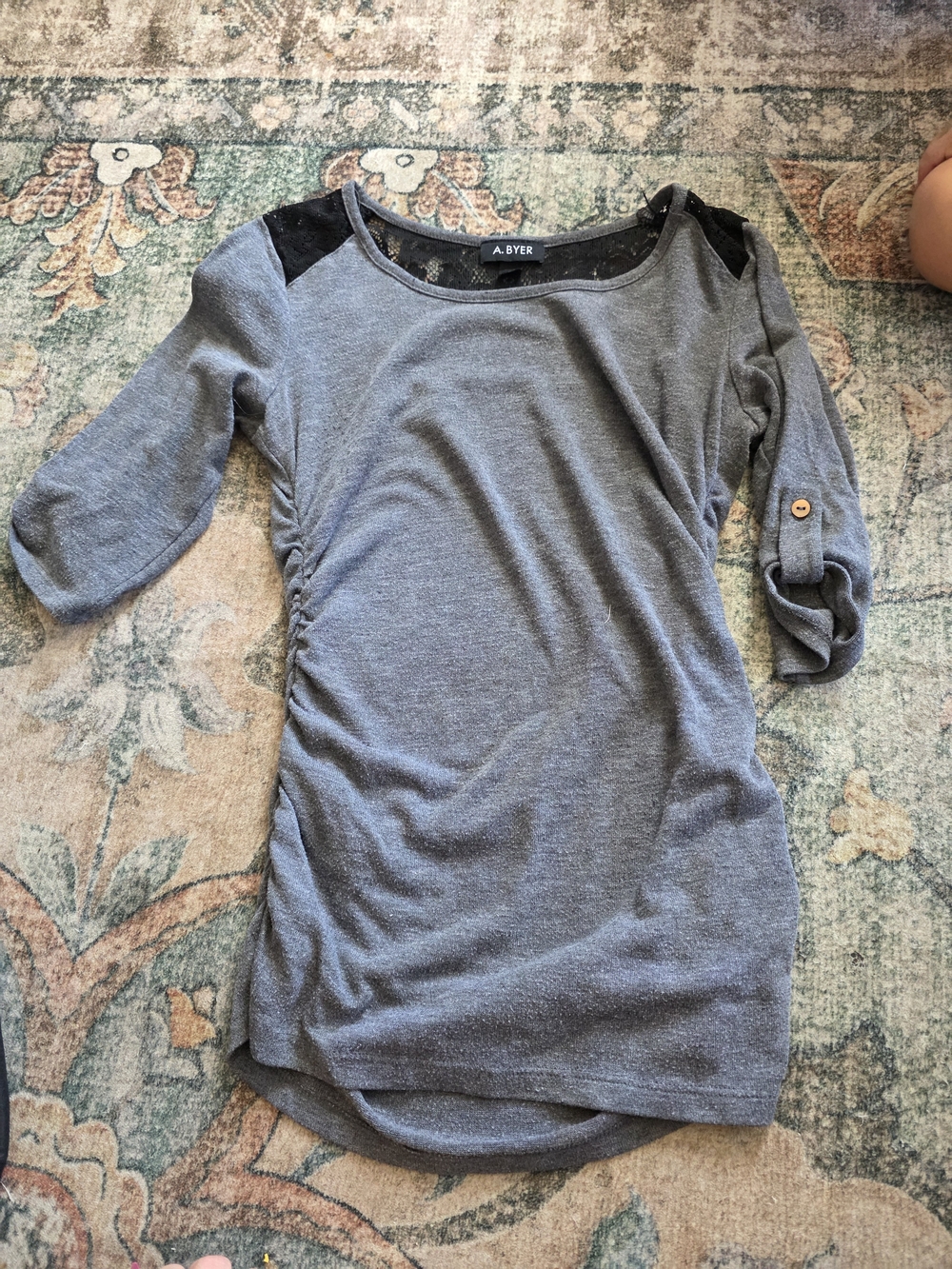 A. Byer Gray Scoop Neck Knit Top with Black Shoulder Detail